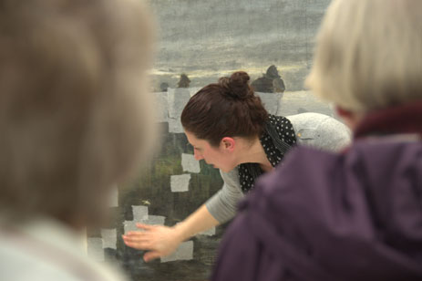 Tijana Cvetkovic, Conservator Paintings explains progress of the conservation treatment for the painting Marken funeral barge.