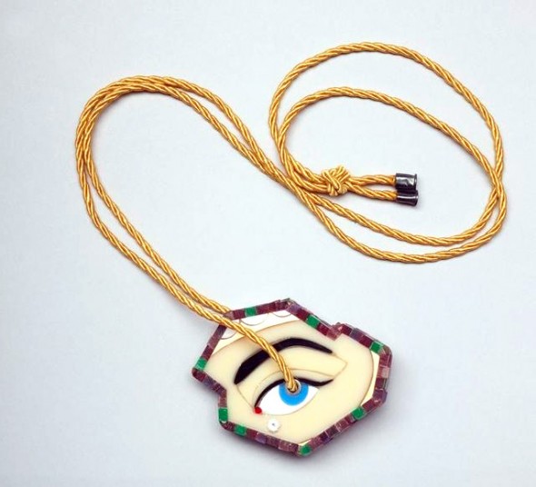 Octavia Cook, Abstract R.E.G.A.R.D. pendant, 2012, acrylic, epoxy, resin, oxidised sterling silver, cubic zirconia, cord. Purchased 2012. Te Papa (2012-0008-1)