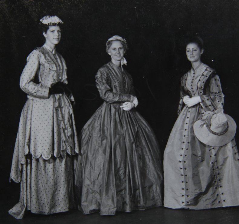 B. Richardson, R. Matthews and J. Whittaker wearing items of dress from Te Papa’s History collection, 28 April 1963. Digitised image of photograph by P. Hedgeland. Copyright Te Papa.